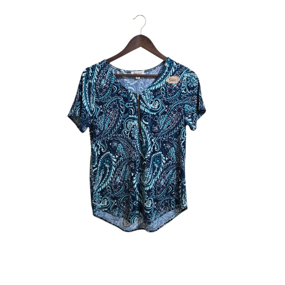 Blue Mood Petite‎ Blouse Size PM Blue Teal Paisley Print Zipper Short Sleeve